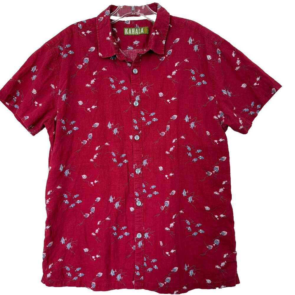 Vintage KAHALA 1936 Mens Hawaiian Shirt Sz L Red Fish Linen Blend Aloha Heritage